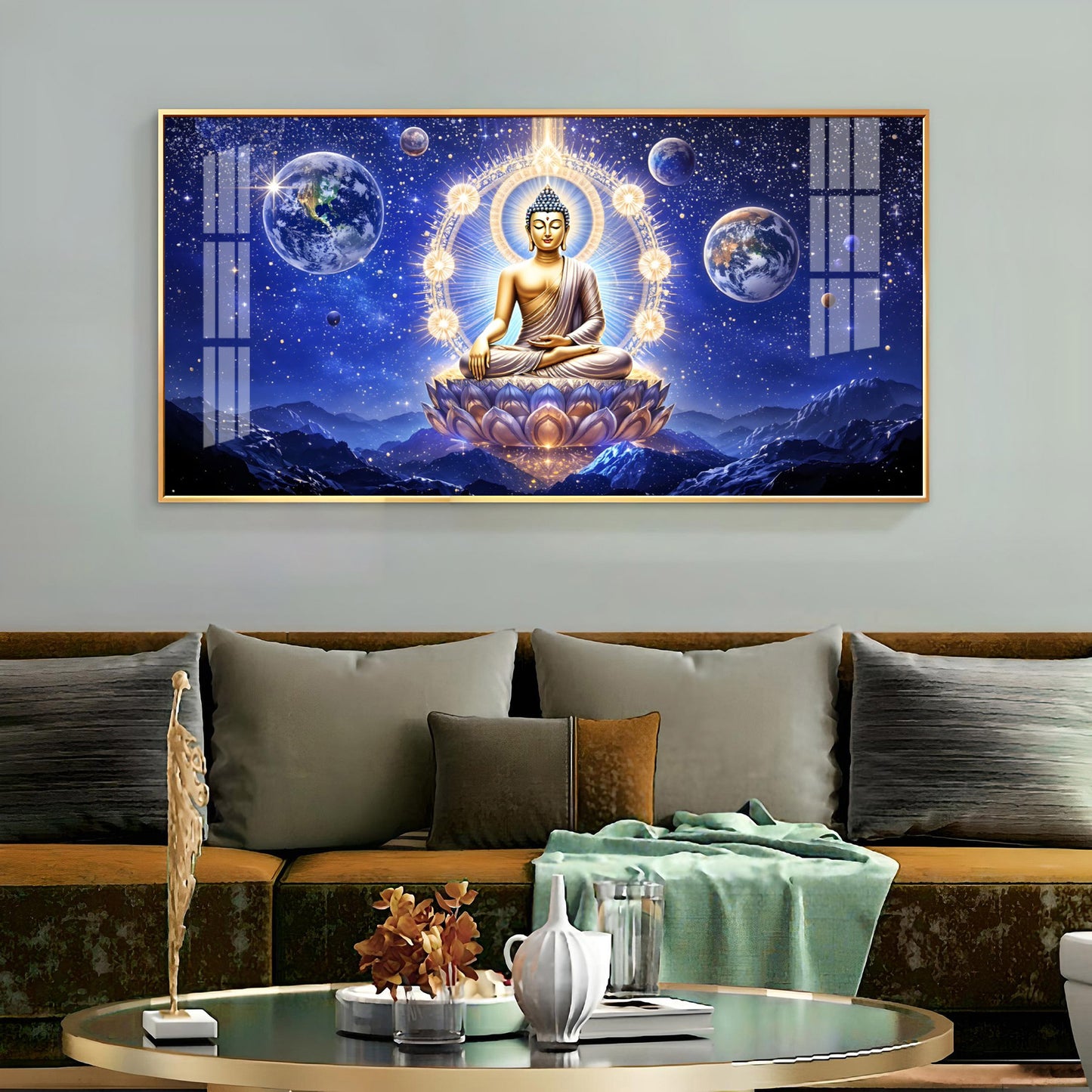 Illuminated Neon Buddha Glass Finish Horizontal Wall Art