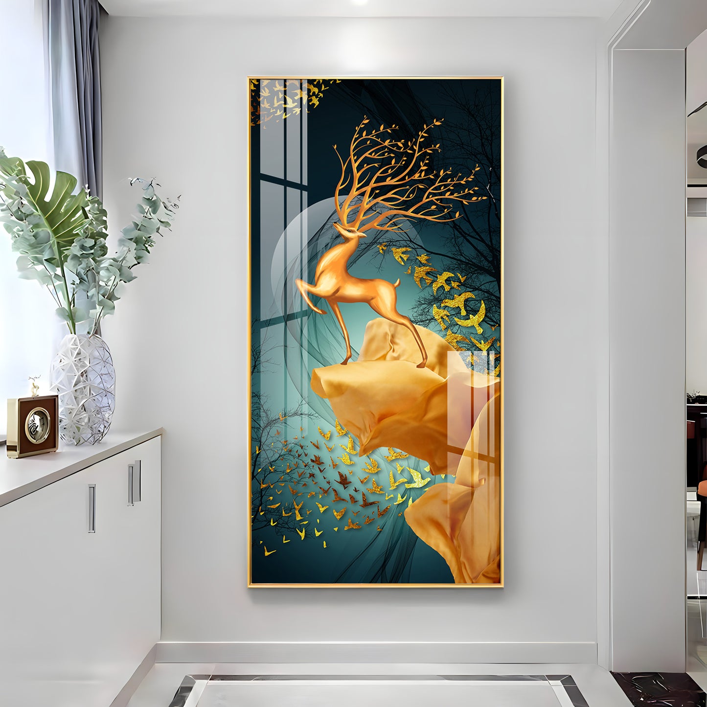 Golden Deer Jumping Glass Finish Vertical Wall Art