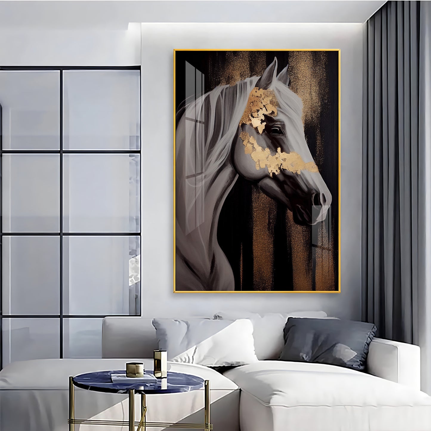 Whispers of Gold Horse Glass Finish Vertical Wall Art