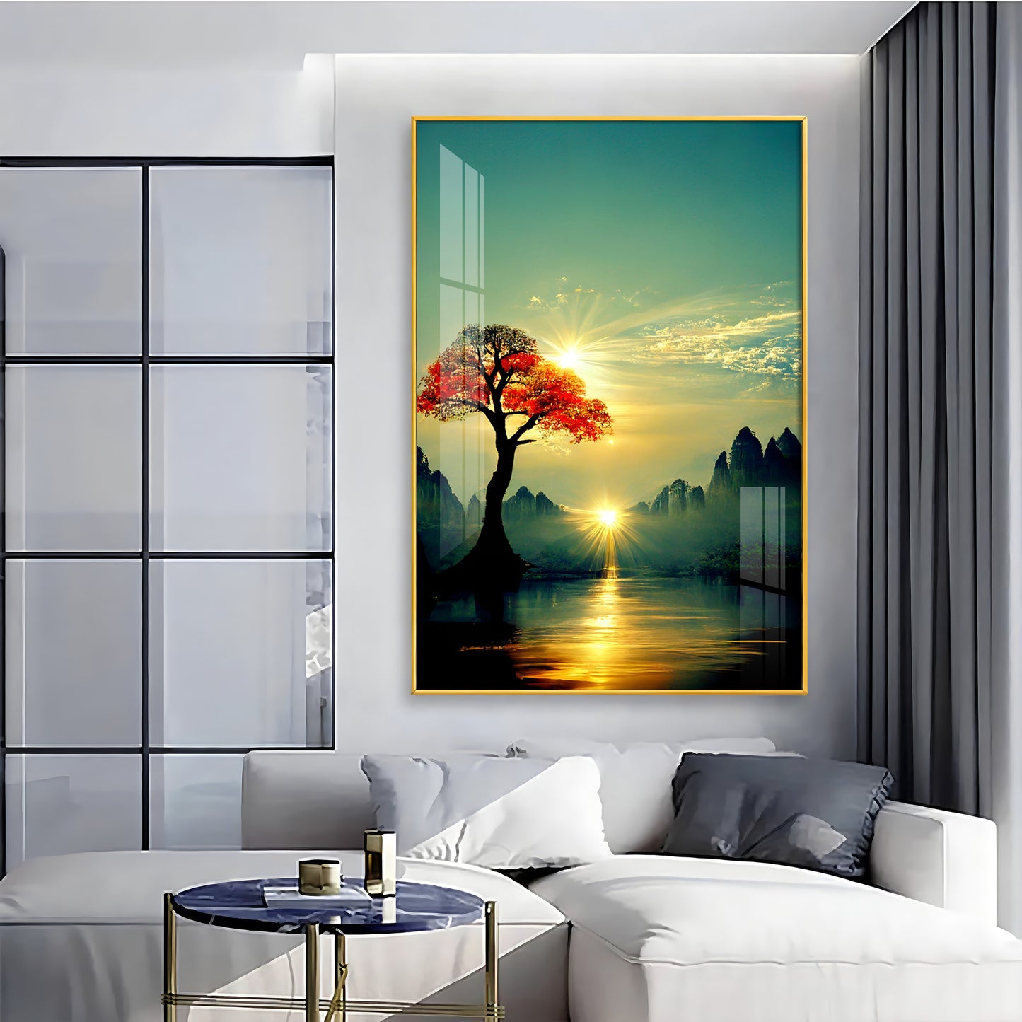 Golden Vista Glass Finish Vertical Wall Art