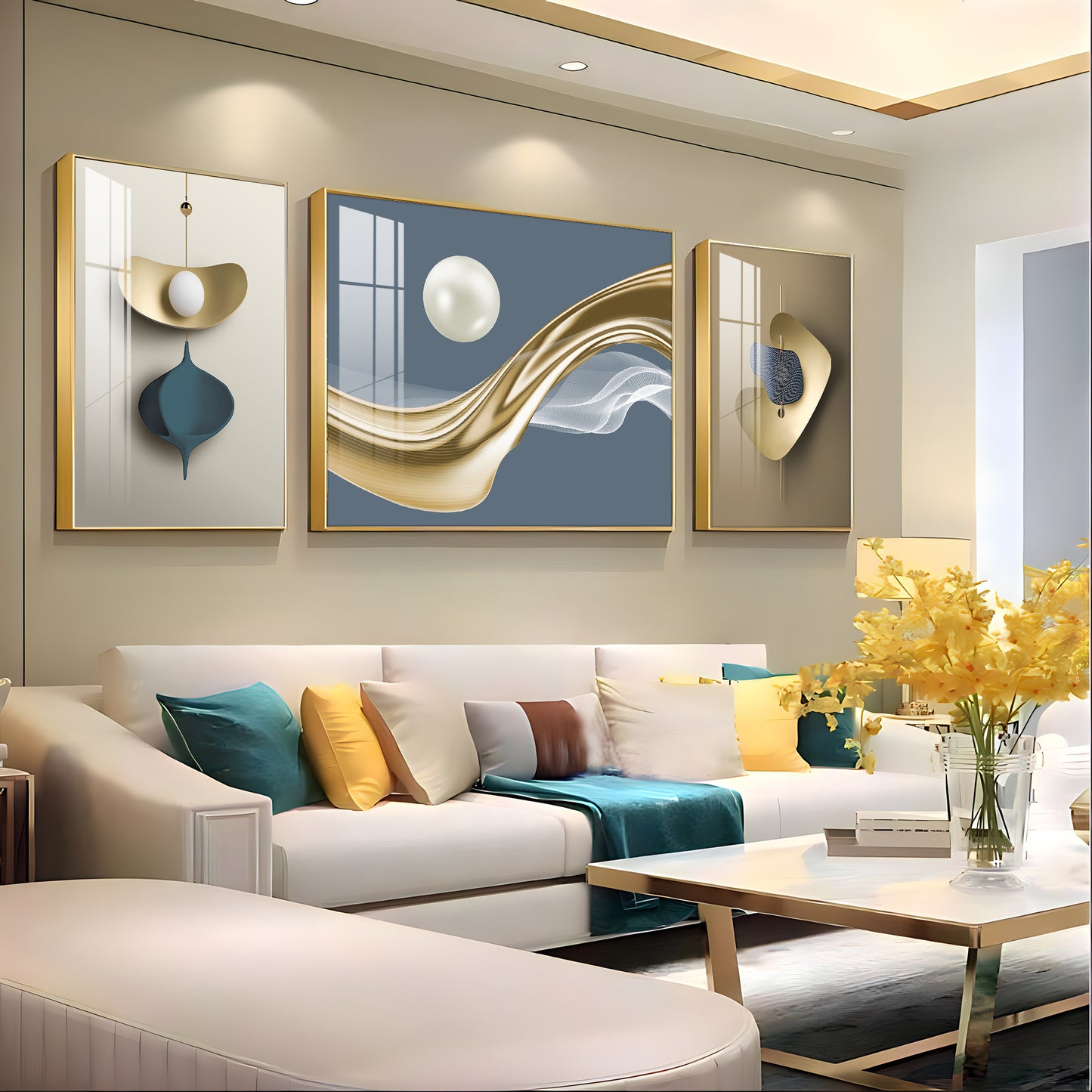 White Pearl Glass Finish Wall Art (Set Of 3)