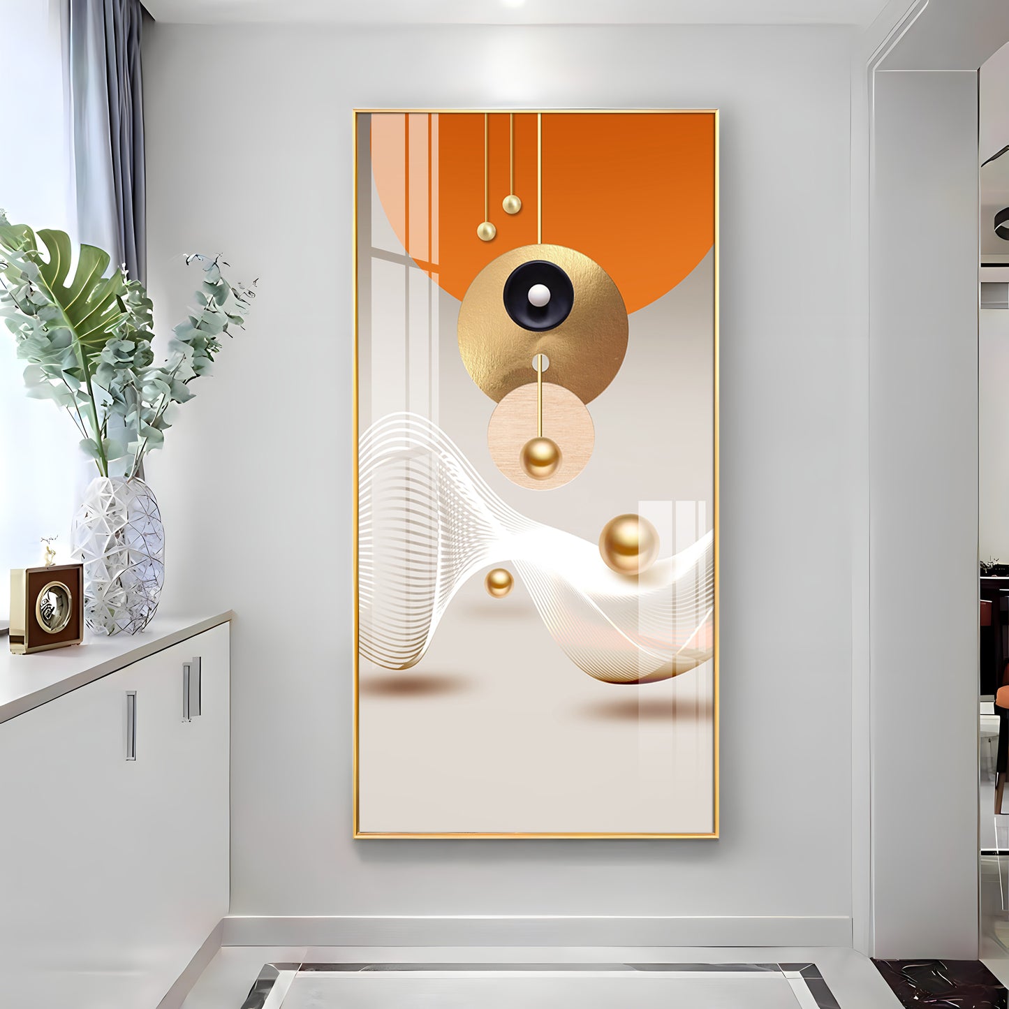 Golden Circle Geometry Glass Finish Vertical Wall Art