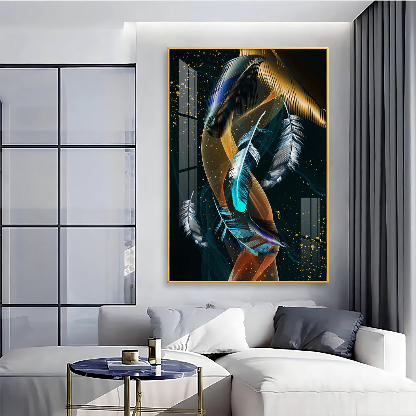 Feathered Whispers Glass Finish Vertical Wall Art