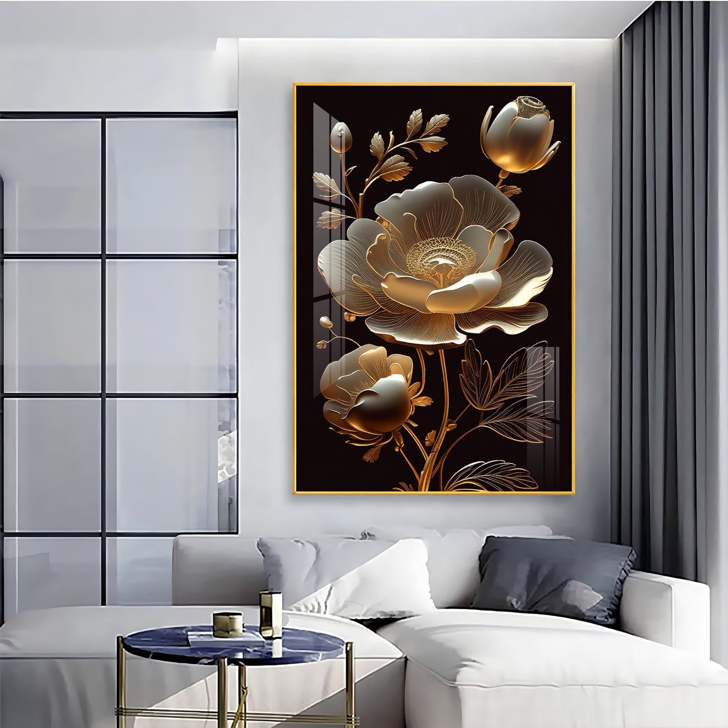 Midnight Floral Symphony Glass Finish Vertical Wall Art