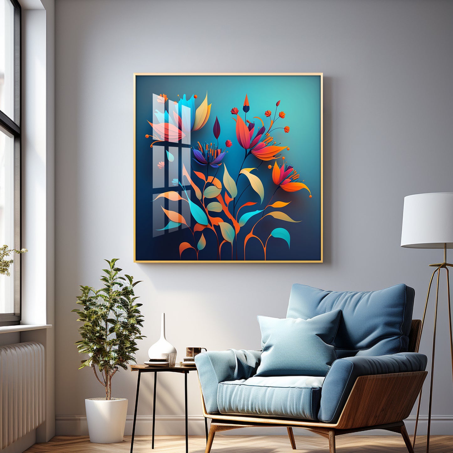 Shadowed Blooms Glass Finish Square Wall Art