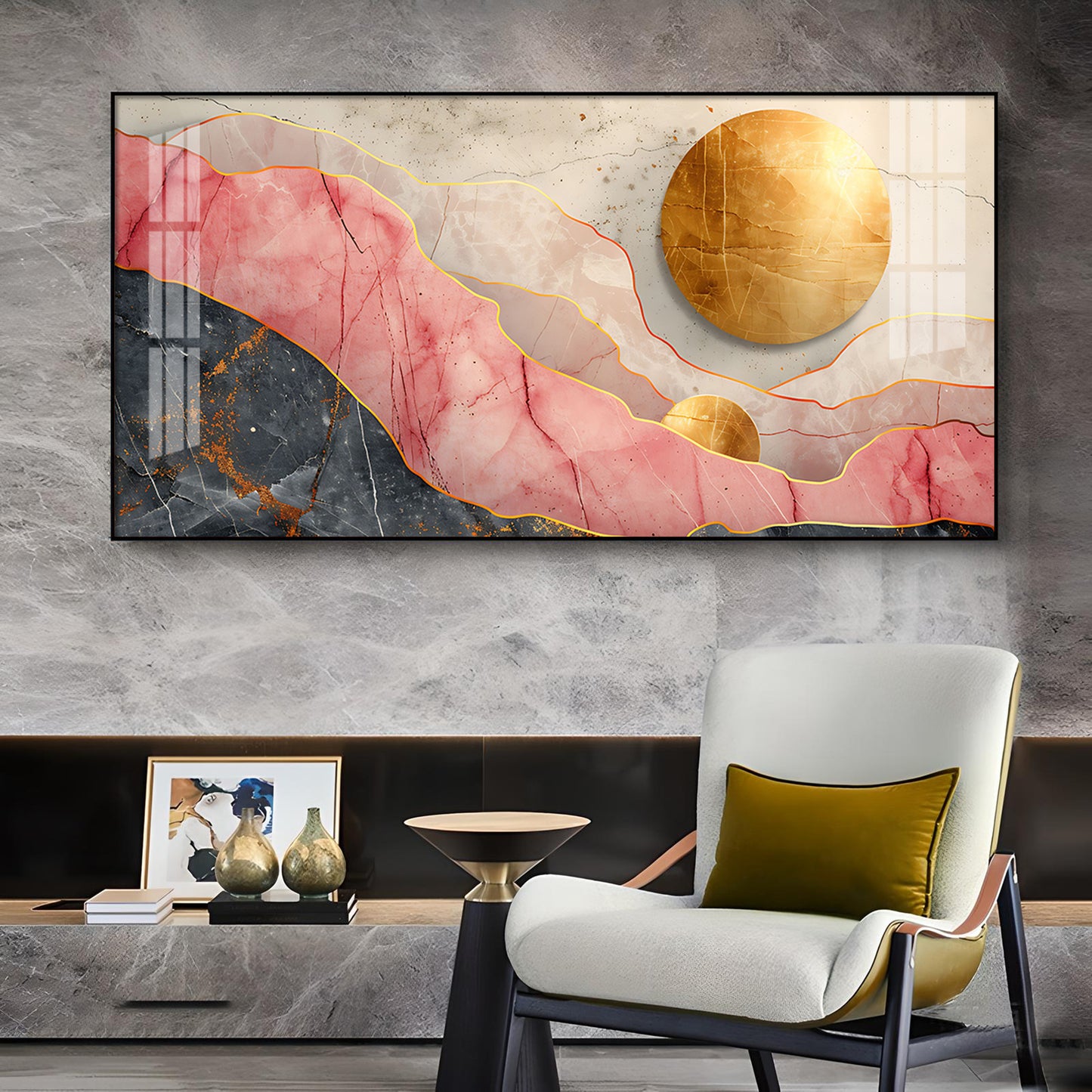 Pink and Gold Marble Stone Texture Glass Finish Horizontal Wall Art