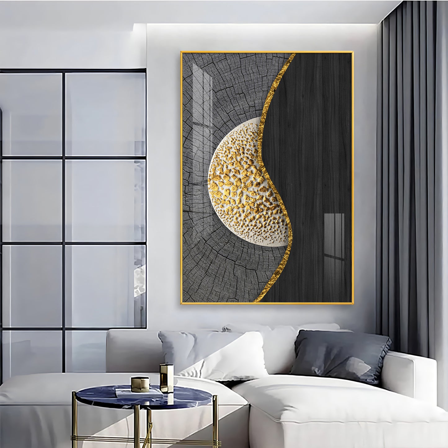 Golden Harmony Glass Finish Vertical Wall Art