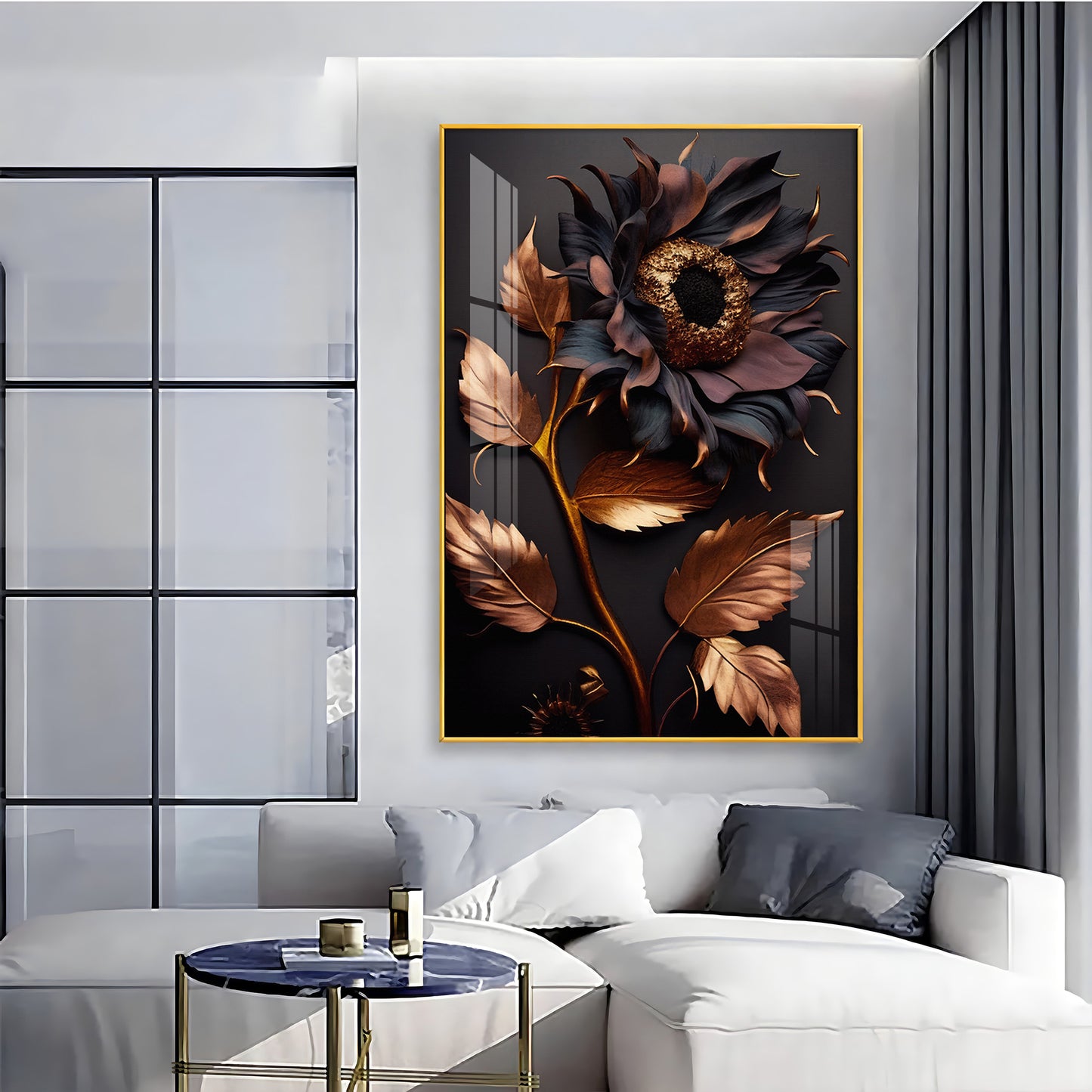 Midnight Sunflower Elegance Glass Finish Vertical Wall Art
