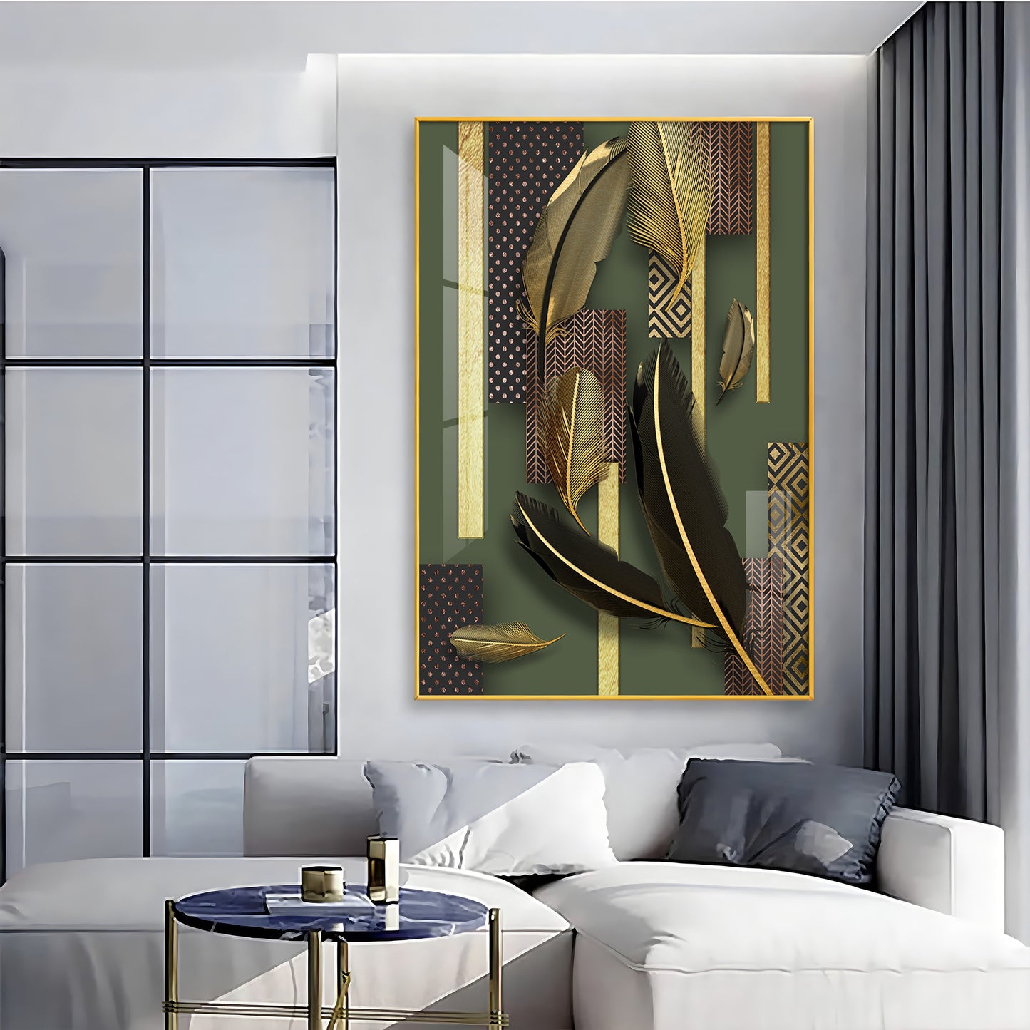 Golden Leaf Elegance Glass Finish Vertical Wall Art