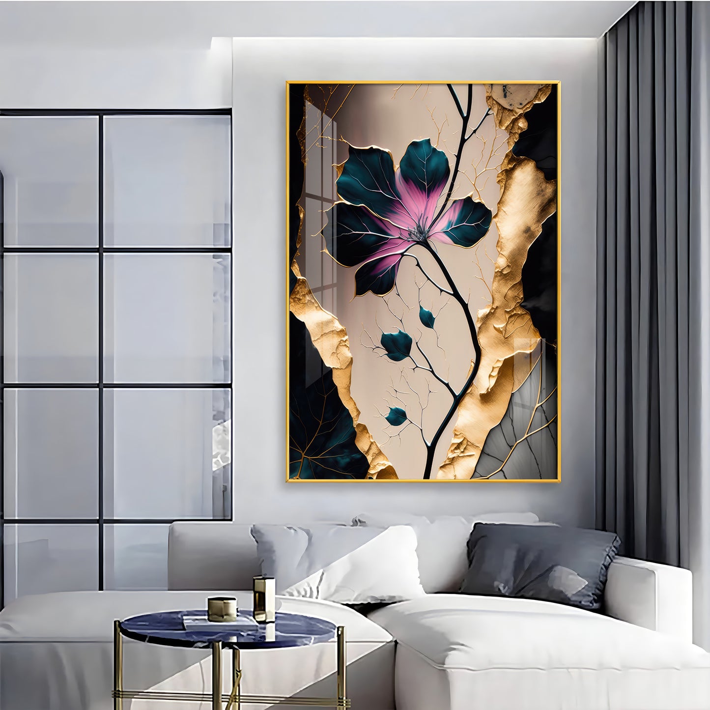 Noir Blossom Majesty Glass Finish Vertical Wall Art