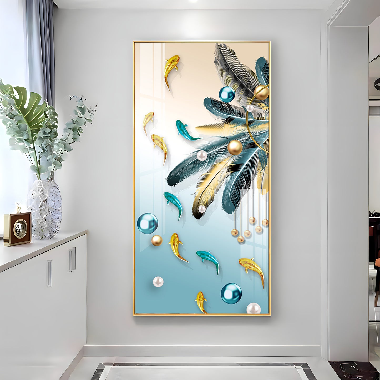 Majestic Blue-Gold Bird Glass Finish Vertical Wall Art