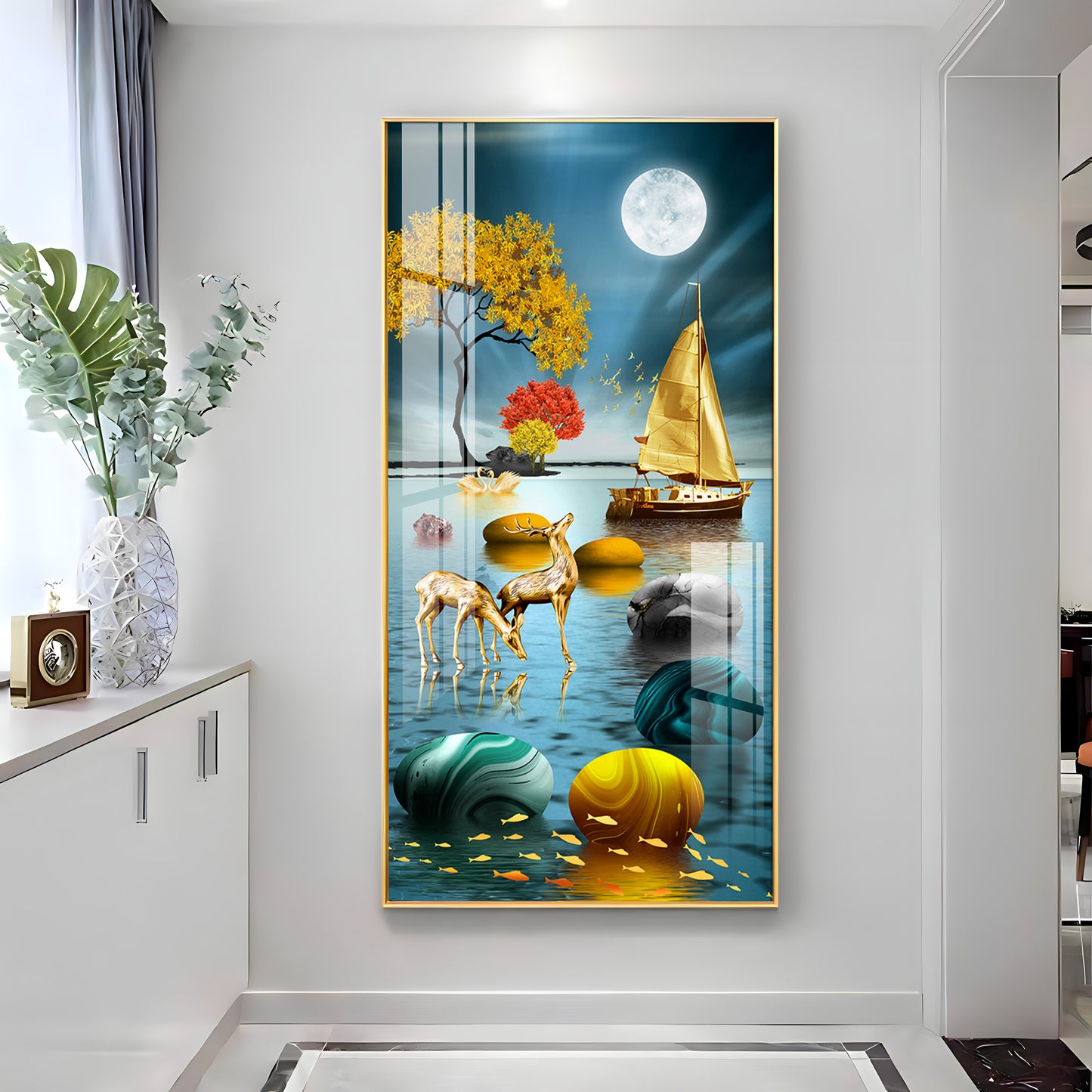 Boat and Deer Glass Finish Vertical Wall Art