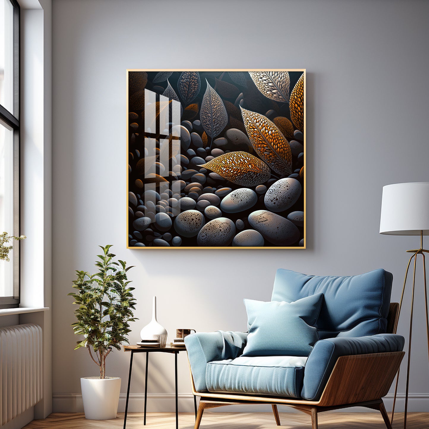 Leaves and Stones Glass Finish Square Wall Art