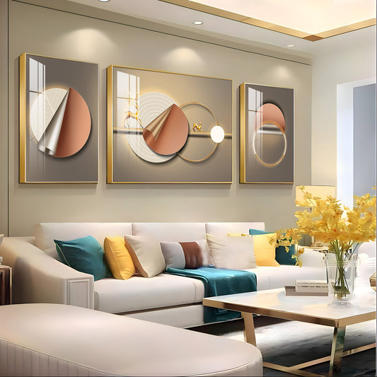 Golden Horizon Glass Finish Wall Art (Set Of 3)