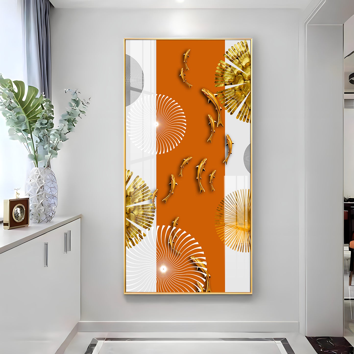 Orange And White Elegance Glass Finish Vertical Wall Art
