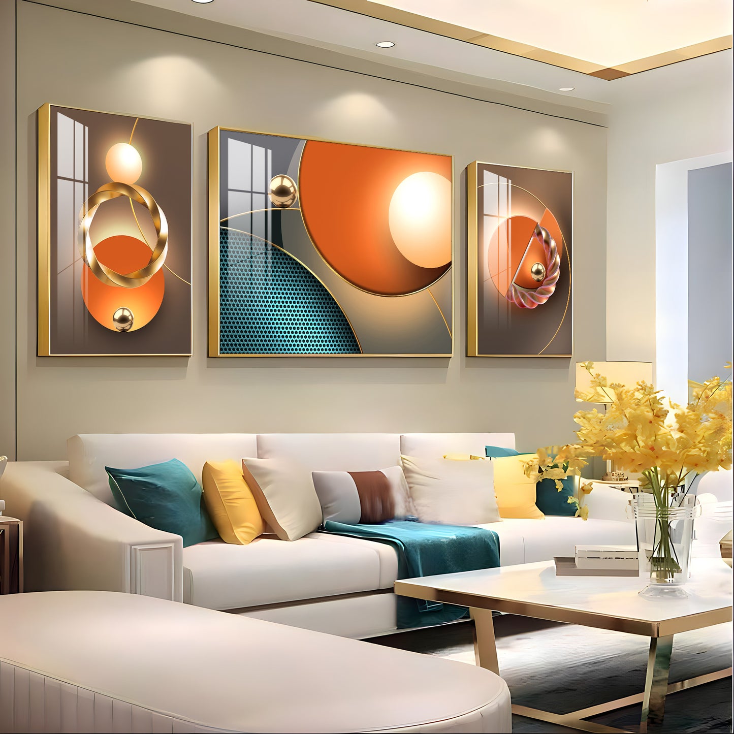 Goldern Circle Abstract Glass Finish Wall Art (Set Of 3)