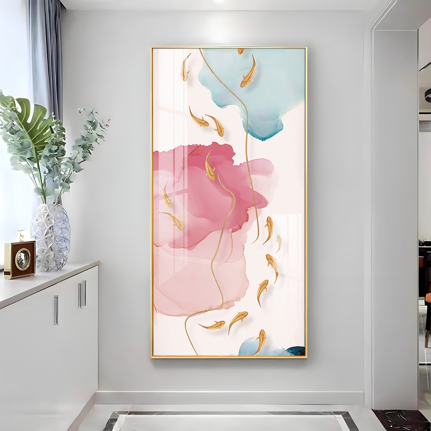 Pink and Blue Floral Glass Finish Vertical Wall Art