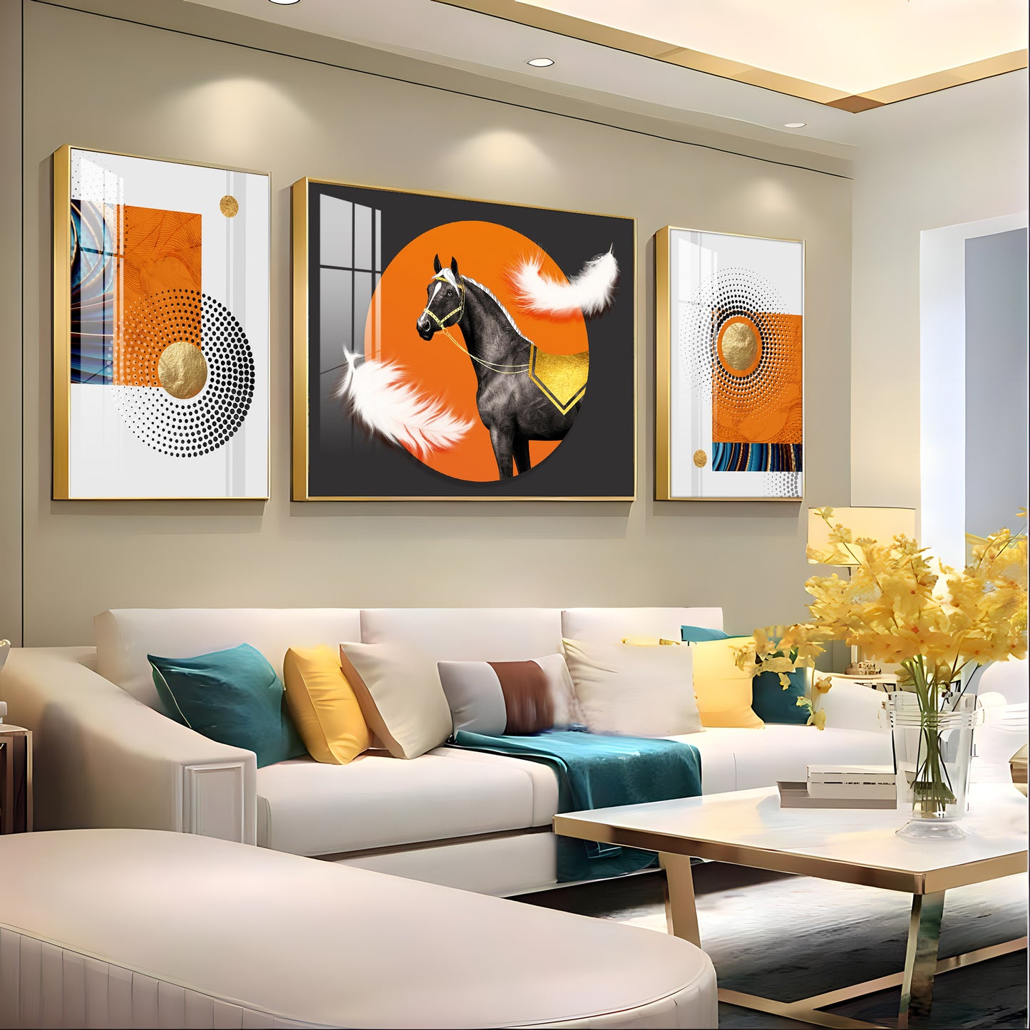 Horse & Feather Glass Finish Wall Art (Set Of 3)
