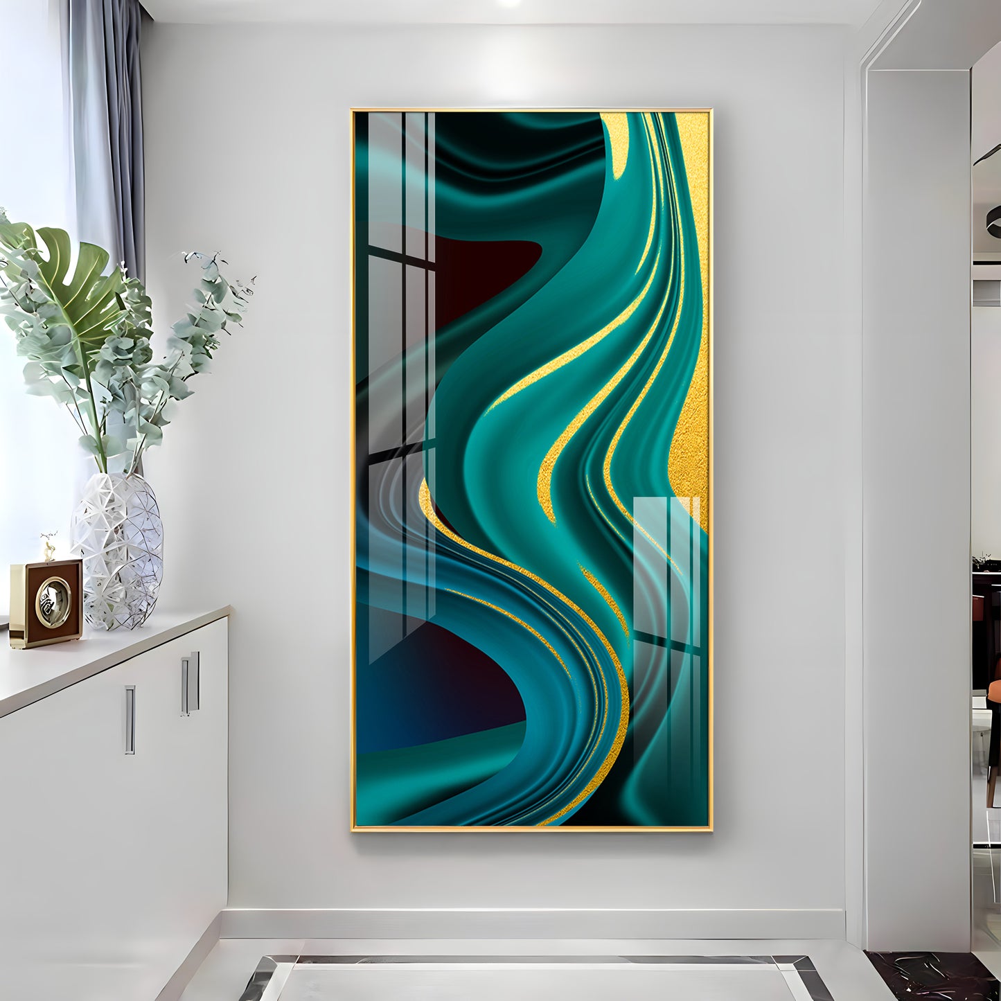 Green Abstract Art Glass Finish Vertical Wall Art