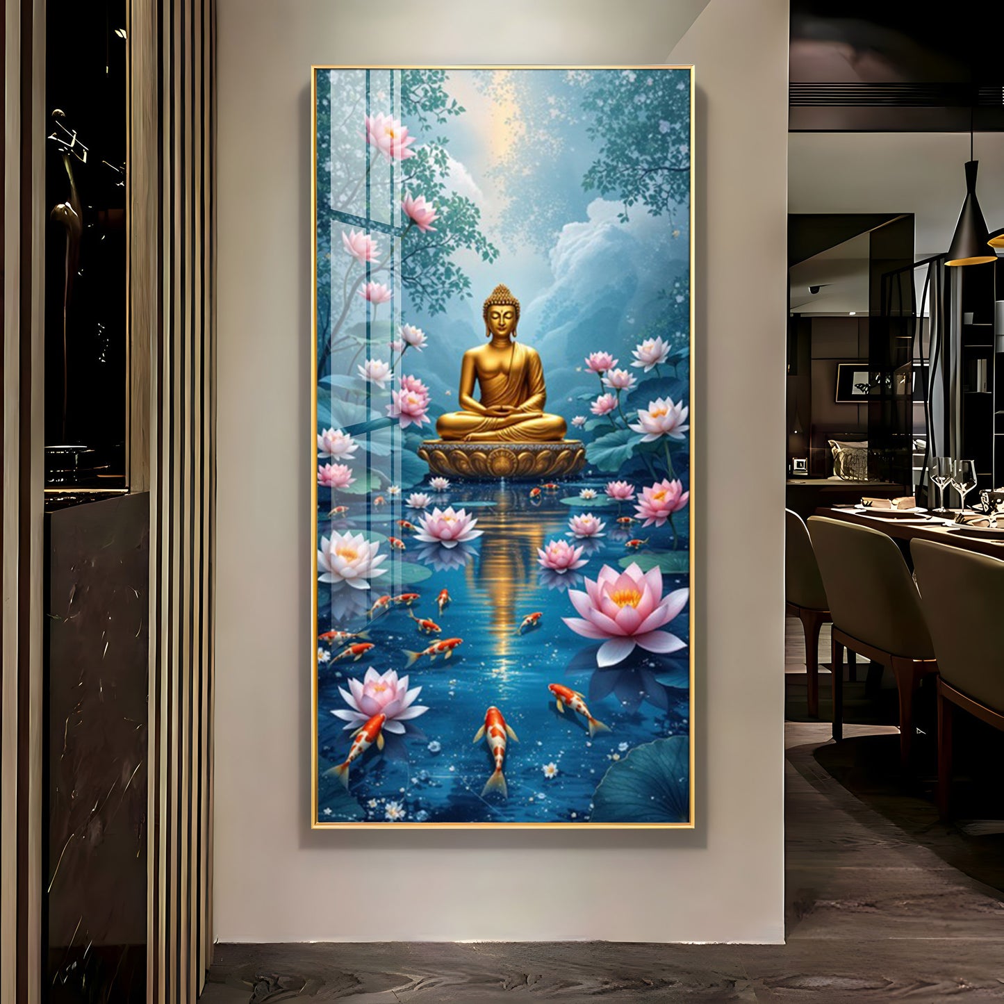 Meditating Budha With Lotus Glass Finish Vertical Wall Art