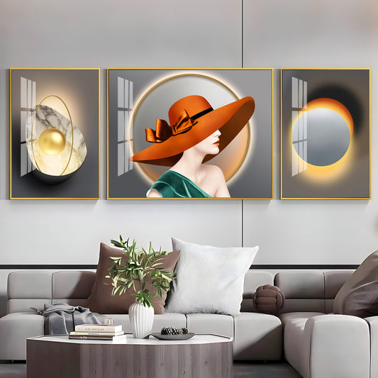 Girl With Orange Hat Glass Finish Wall Art (Set Of 3)