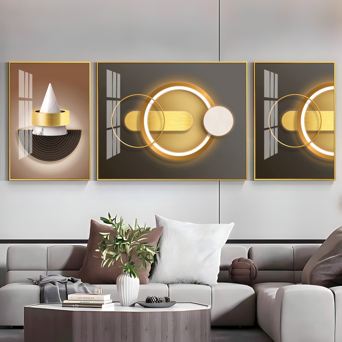 Brown & Gold Fusion Glass Finish Wall Art (Set Of 3)