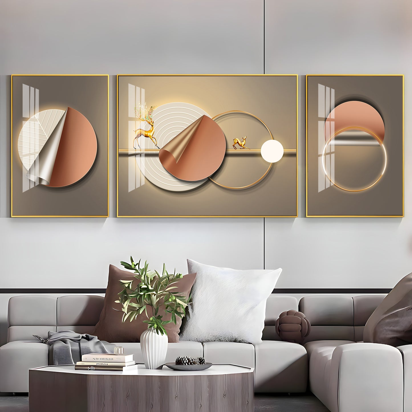 Golden Horizon Glass Finish Wall Art (Set Of 3)