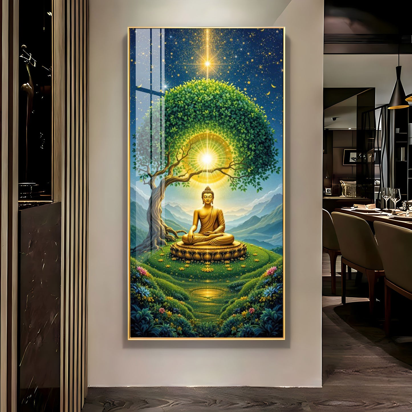 Meditating Buddha In Nature Glass Finish Vertical Wall Art