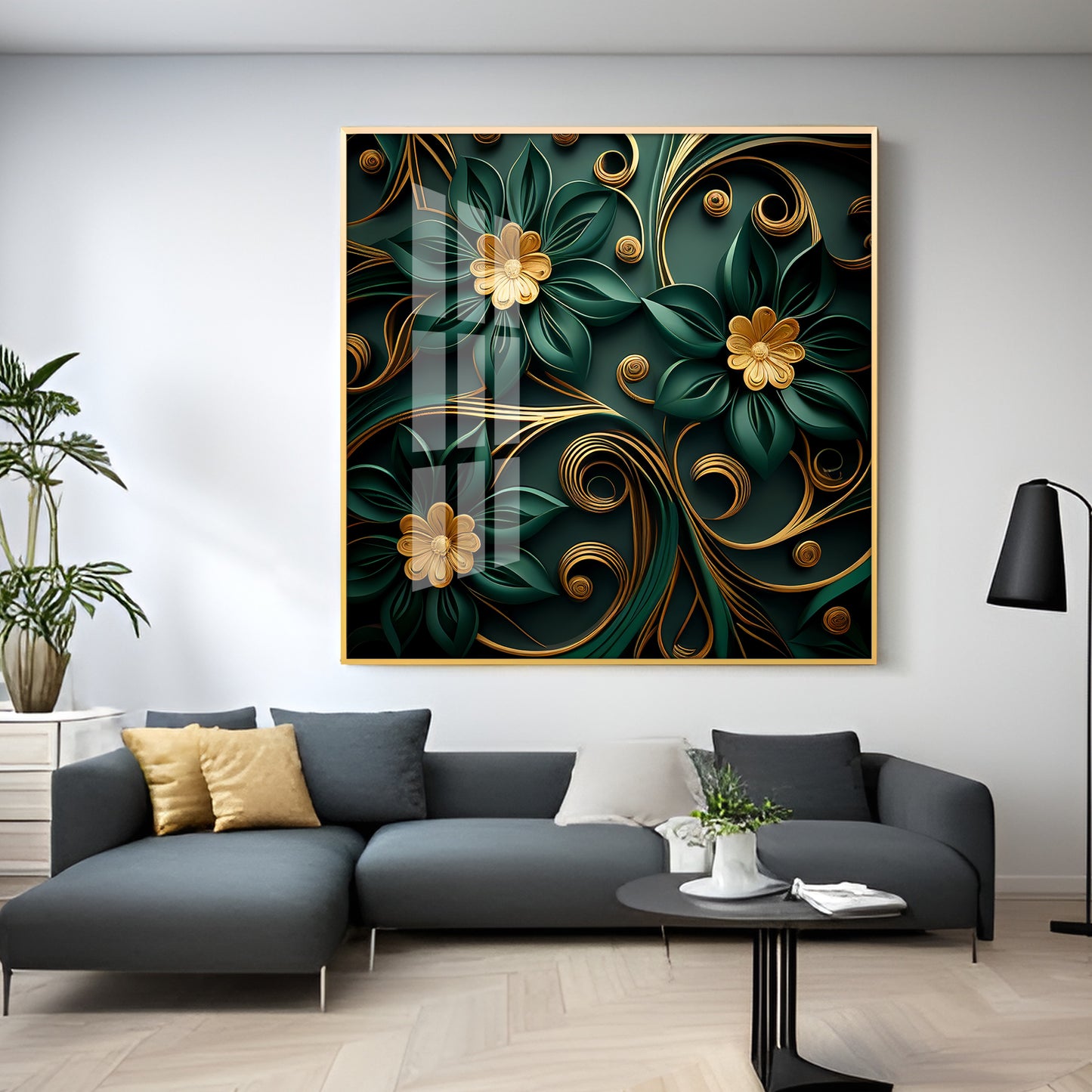 Emerald Garden Flower Glass Finish Square Wall Art