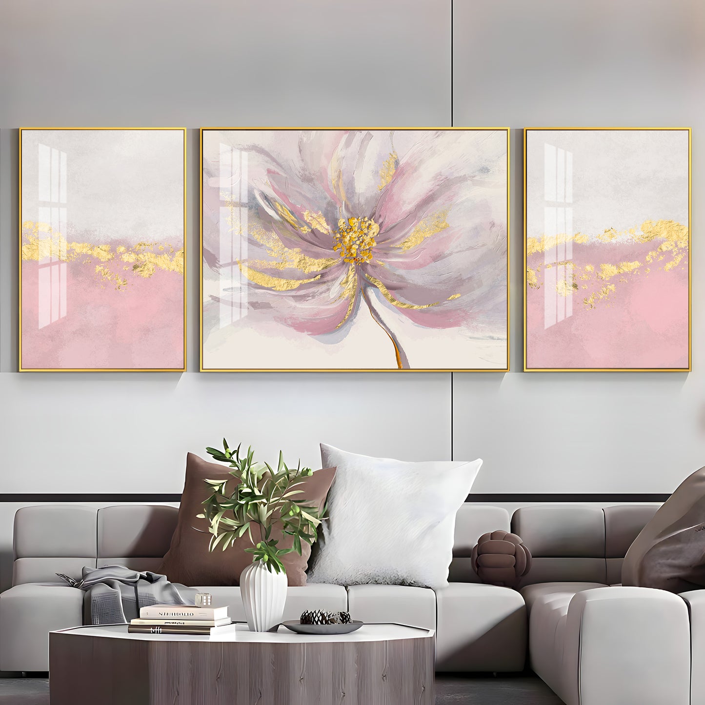 Pink Bloom Glass Finish Wall Art (Set Of 3)