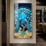 Peacock On Tree Branch Glass Finish Vertical Wall Art