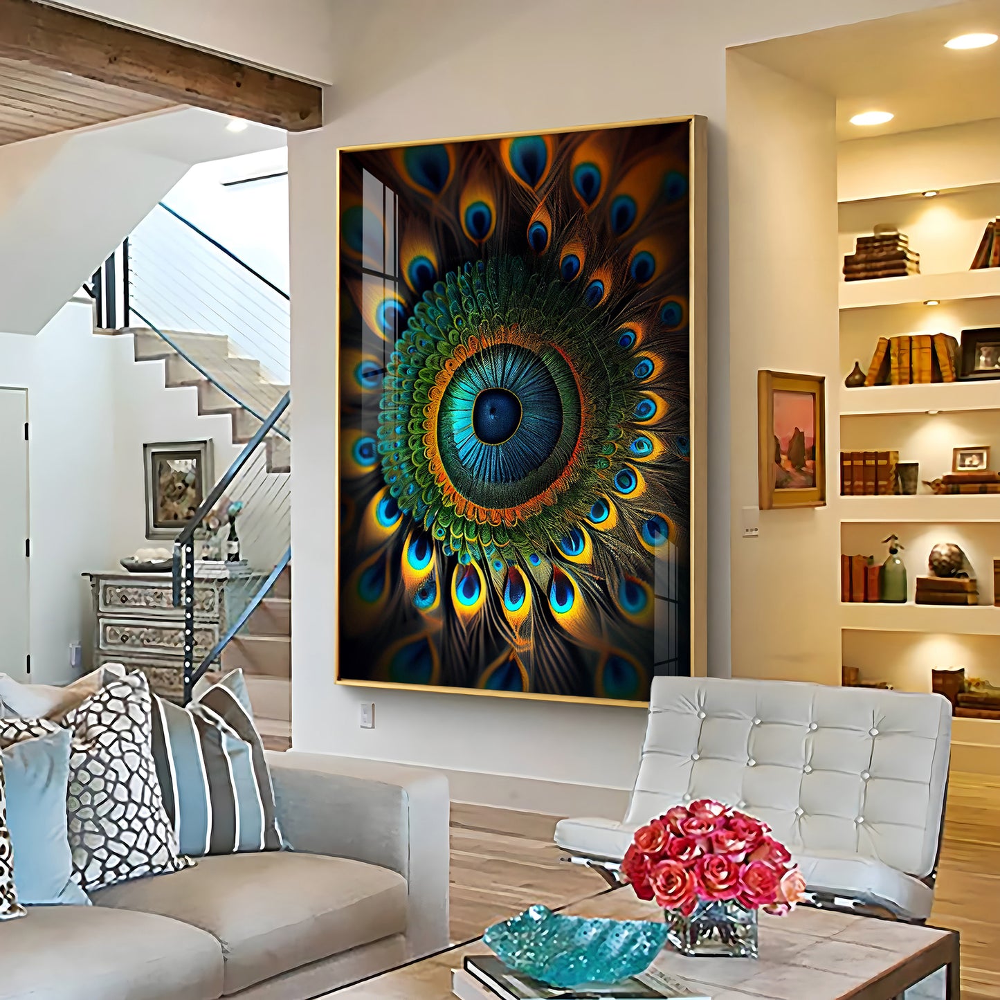 Peacock Prism Glass Finish Vertical Wall Art