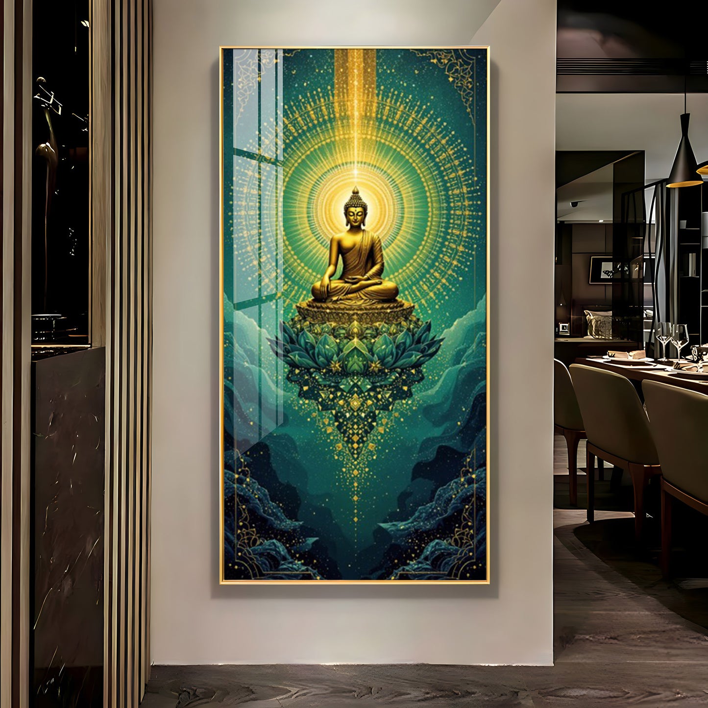 Surreal Energy Of Budha Glass Finish Vertical Wall Art