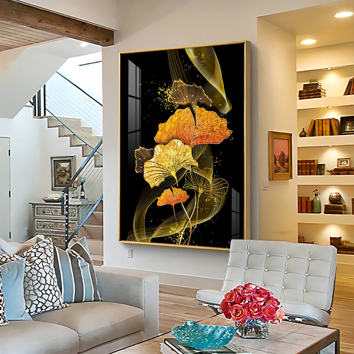 Golden Elegance Bloom Glass Finish Vertical Wall Art