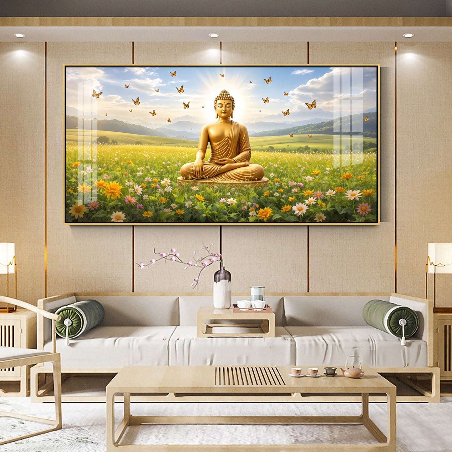 Buddha In Peaceful Nature Glass Finish Horizontal Wall Art