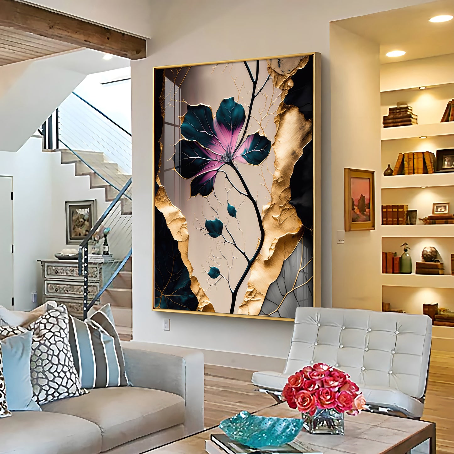 Noir Blossom Majesty Glass Finish Vertical Wall Art