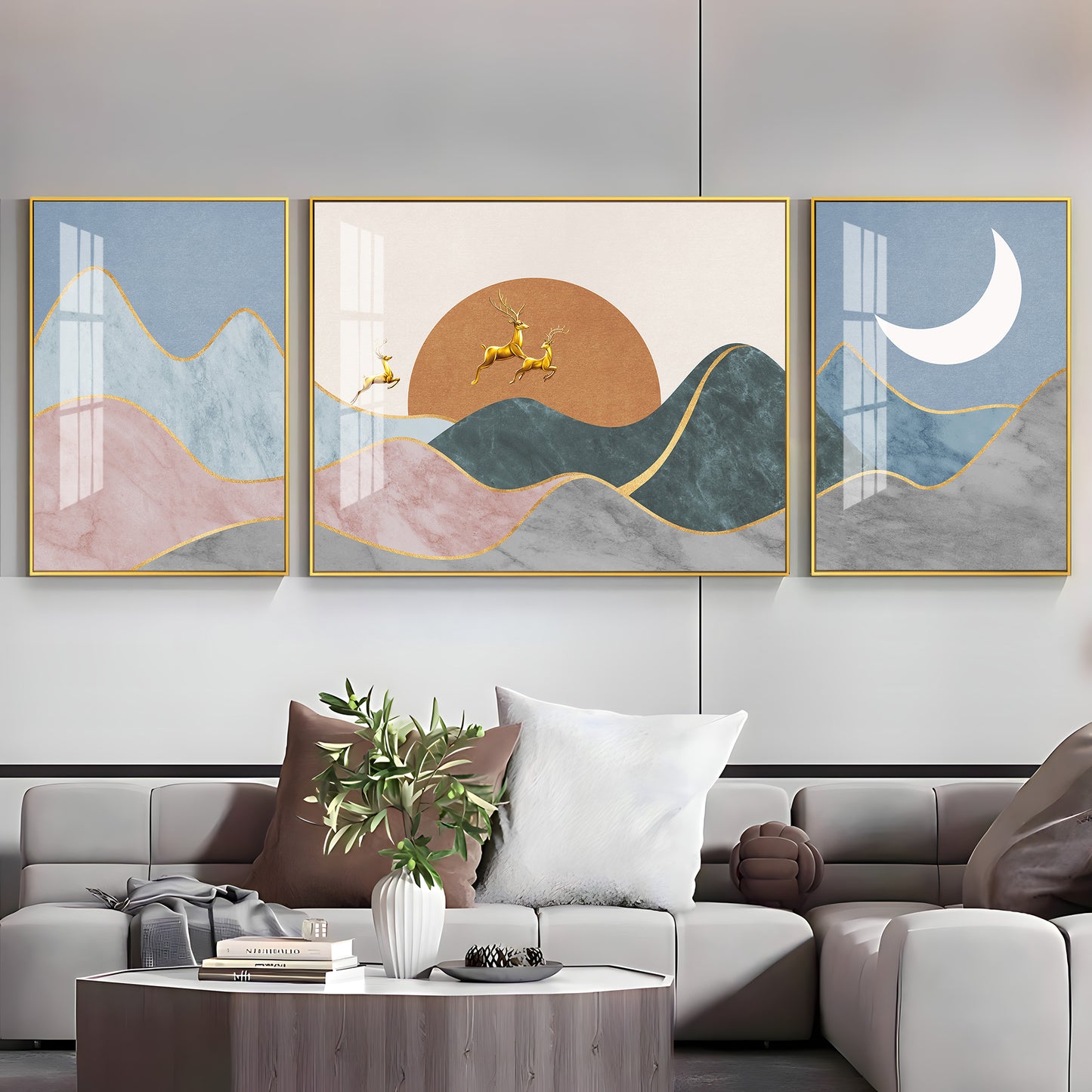 Deer In Mountain Glass Finish Wall Art (Set Of 3)