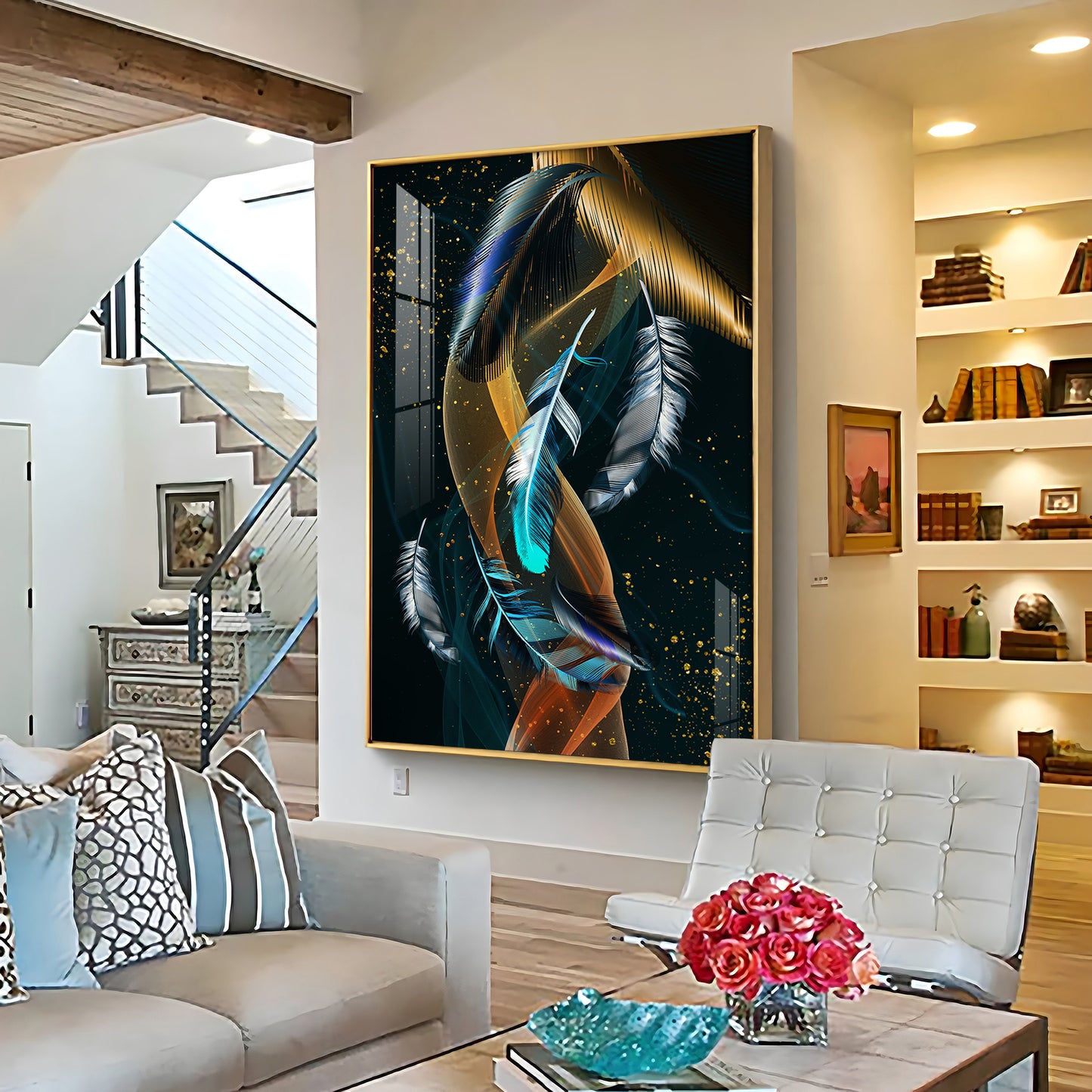 Feathered Whispers Glass Finish Vertical Wall Art