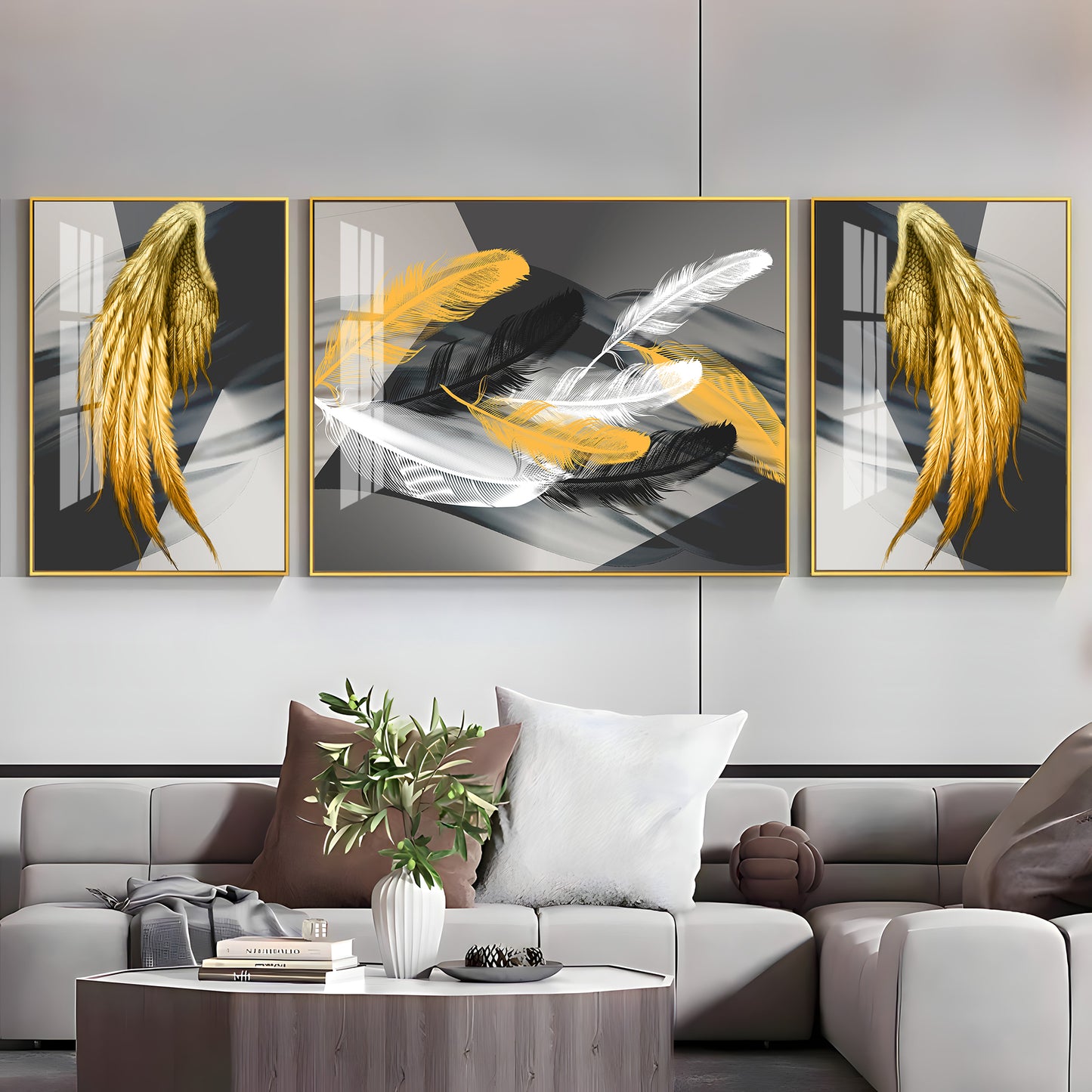 Golden & White Feather Glass Finish Wall Art (Set Of 3)