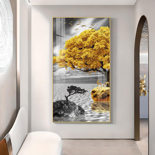 Golden Tree Oasis Glass Finish Vertical Wall Art