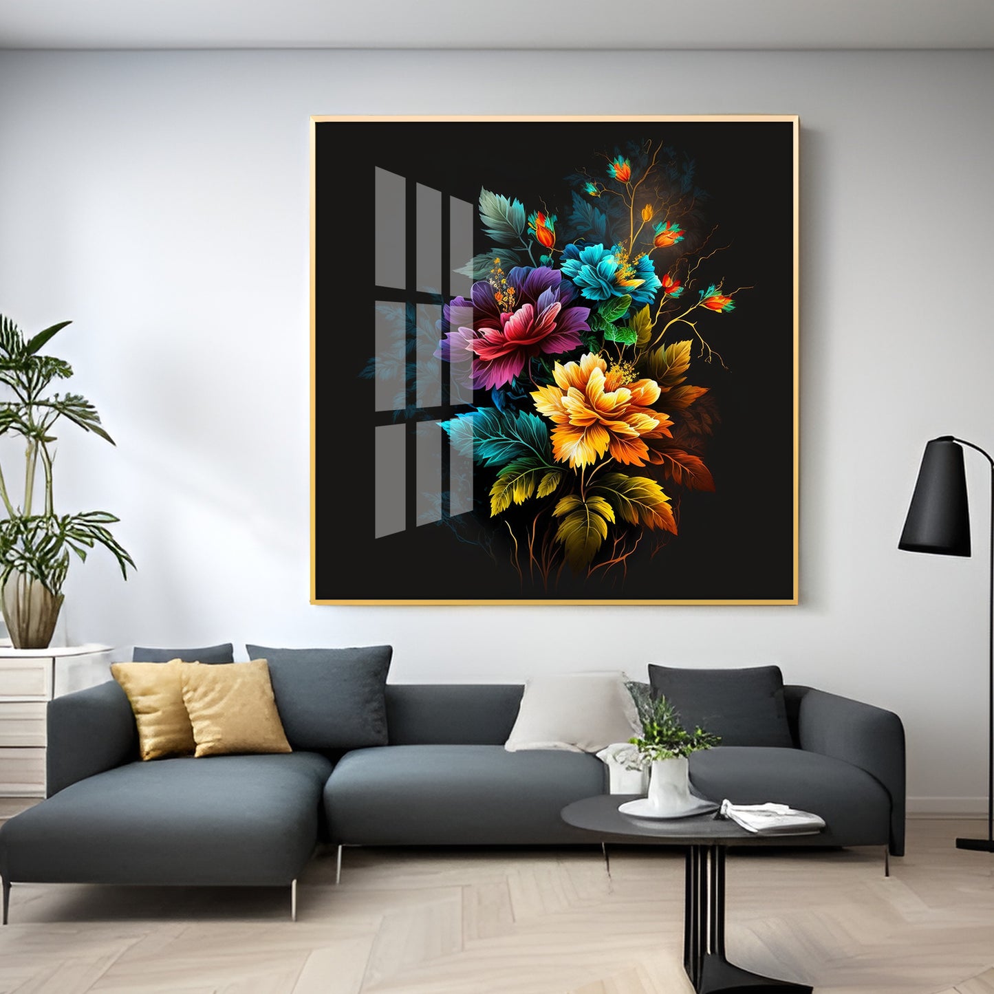 Dark Floral Symphony Glass Finish Square Wall Art