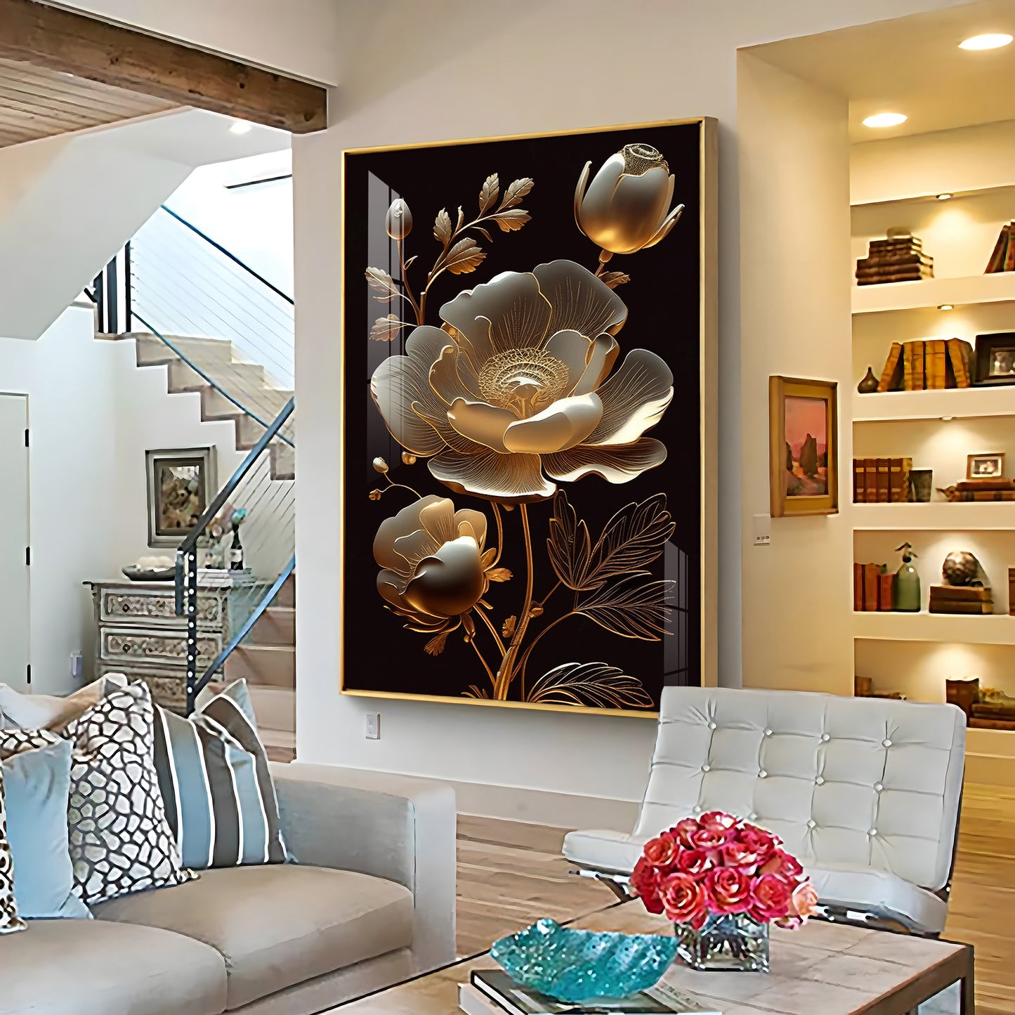 Midnight Floral Symphony Glass Finish Vertical Wall Art