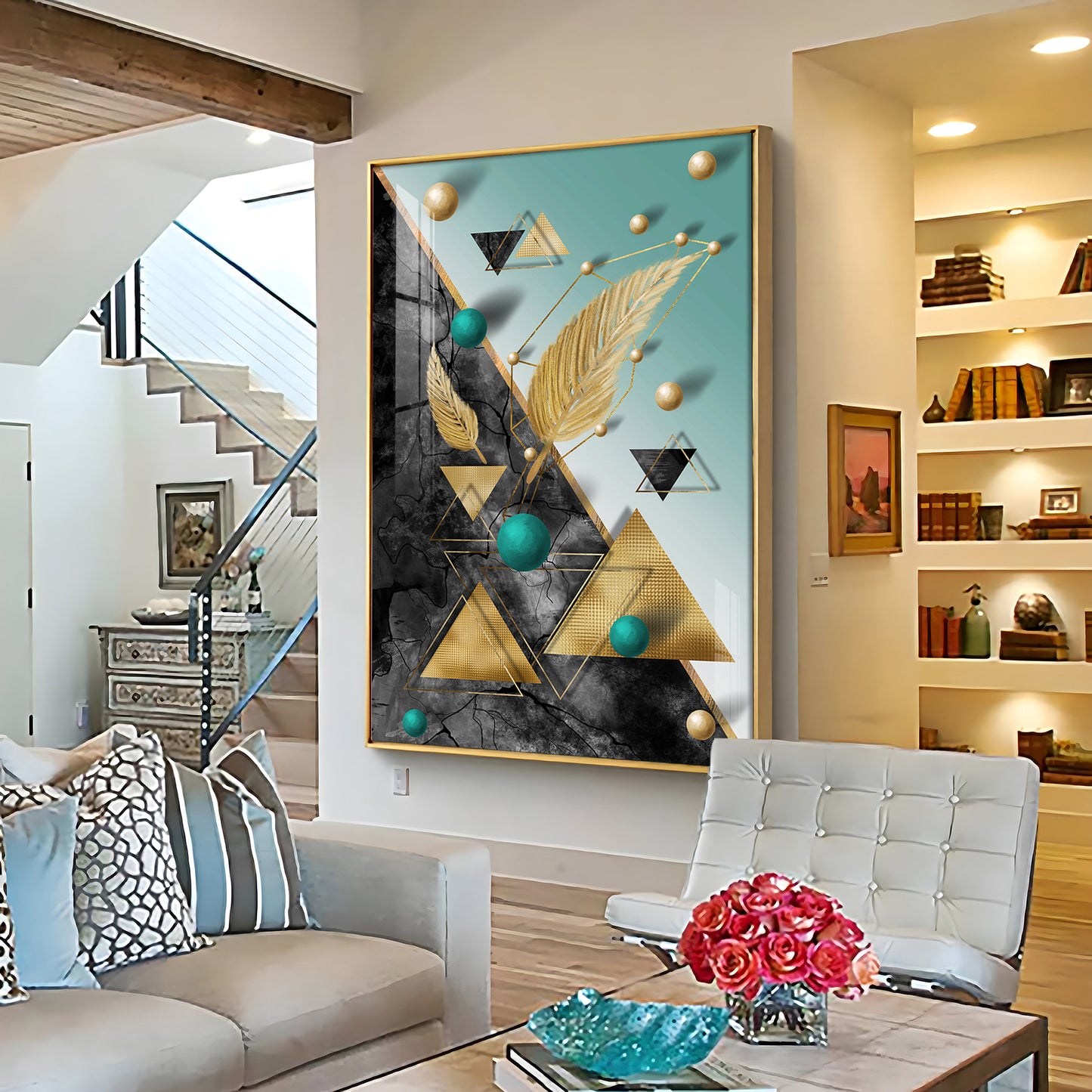 Geometric Luxe Living Glass Finish Vertical Wall Art