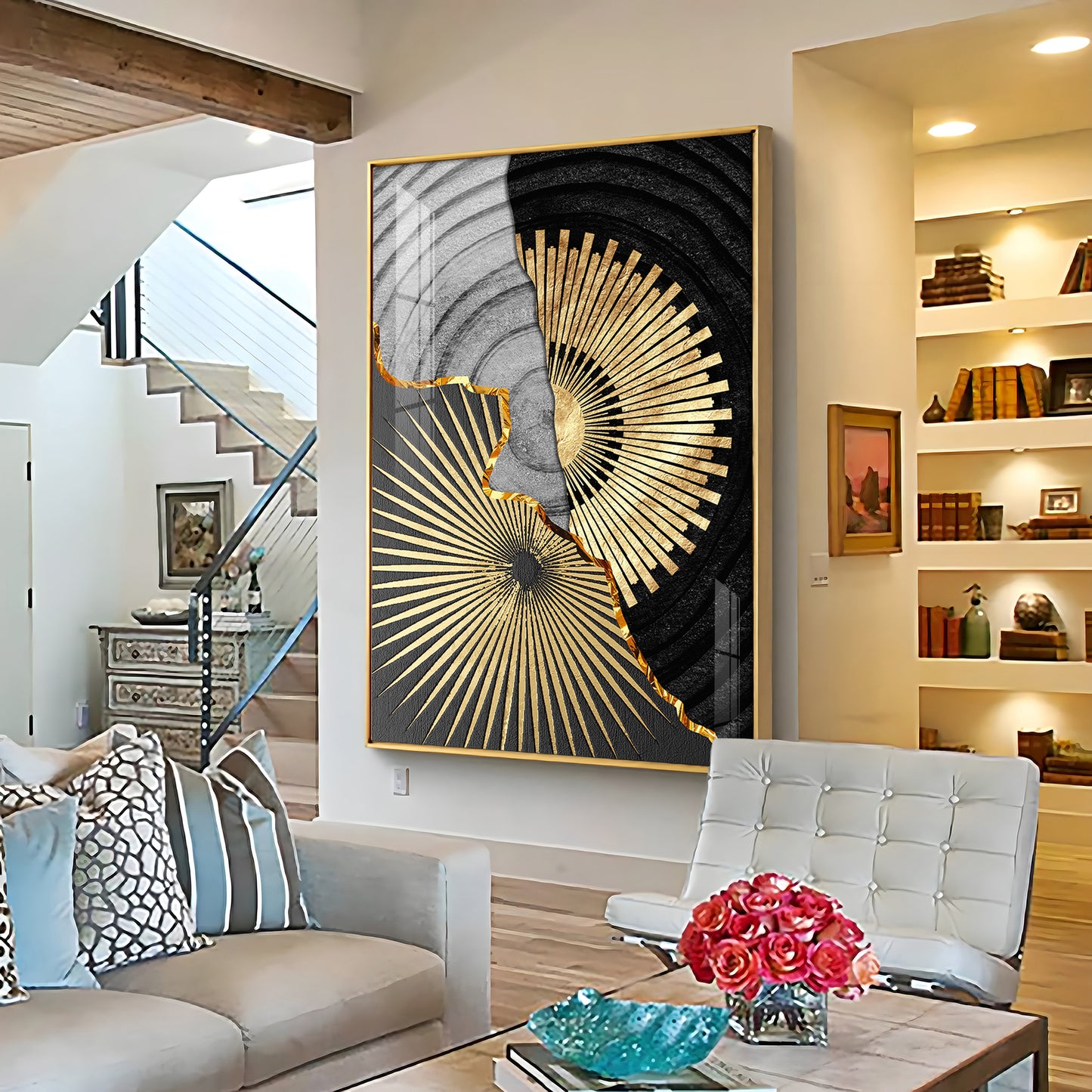 Golden Elegance Wall Decor Glass Finish Vertical Wall Art