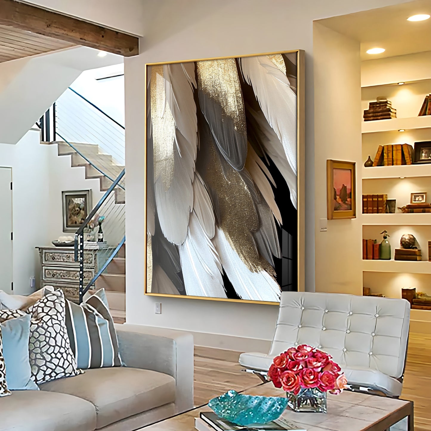 Golden Whisper Elegance Glass Finish Vertical Wall Art