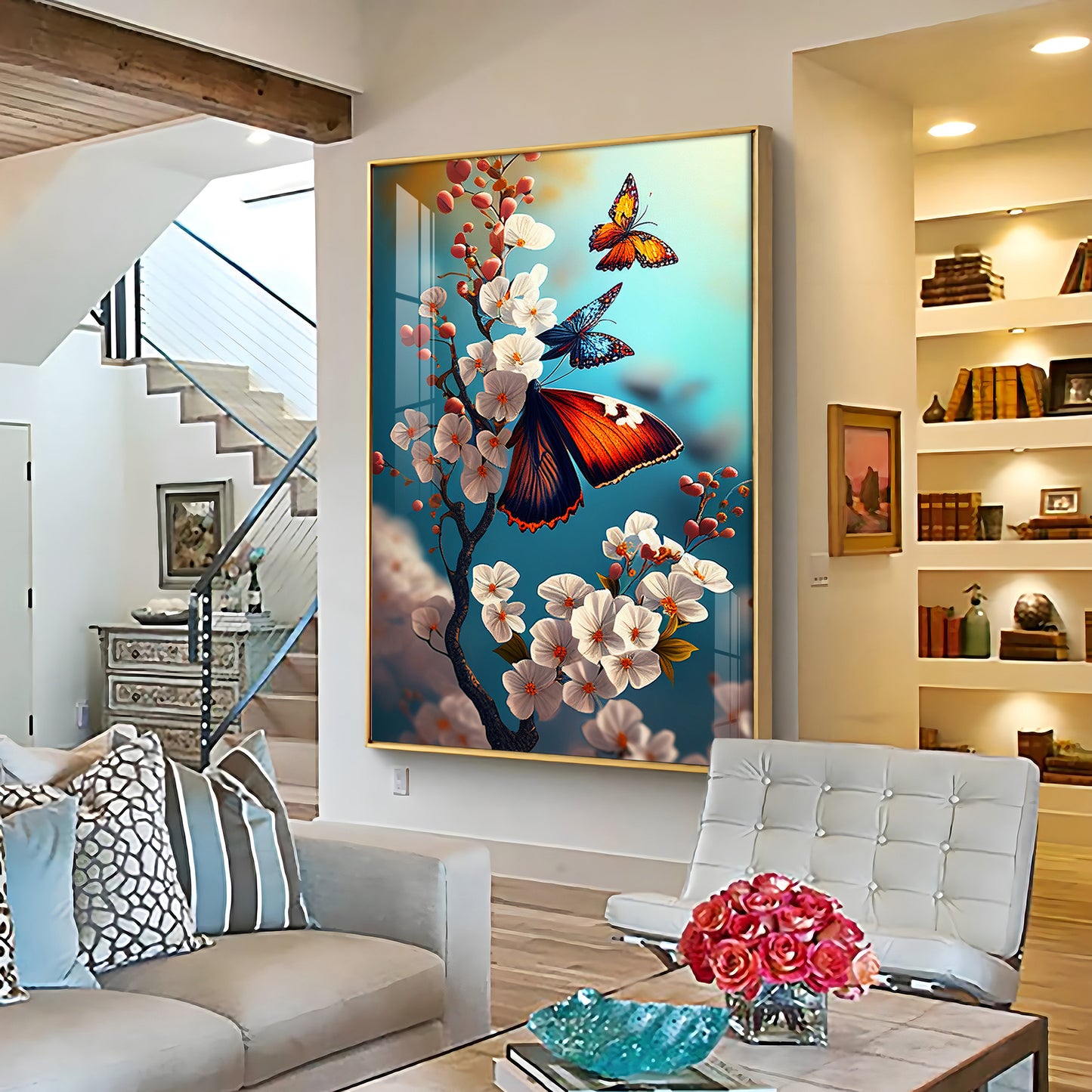 Butterfly Serenade Glass Finish Vertical Wall Art