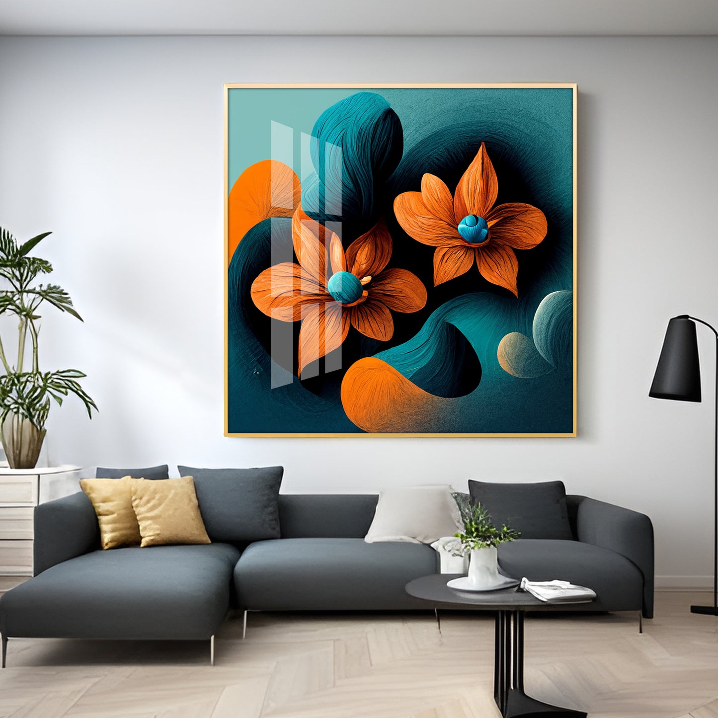 Orange and Blue Blossom Fusion Glass Finish Square Wall Art