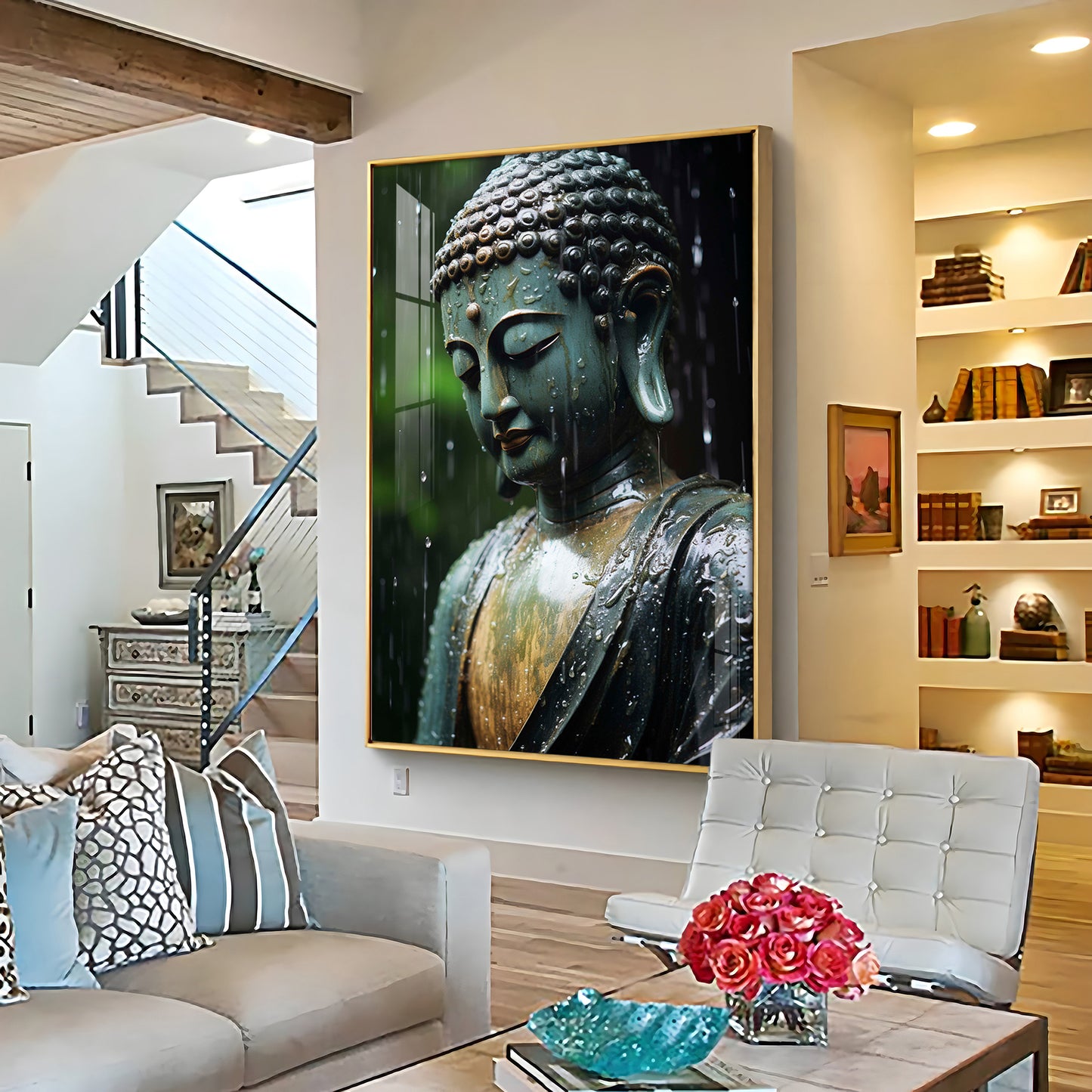 Buddha's Tranquil Embrace Glass Finish Vertical Wall Art