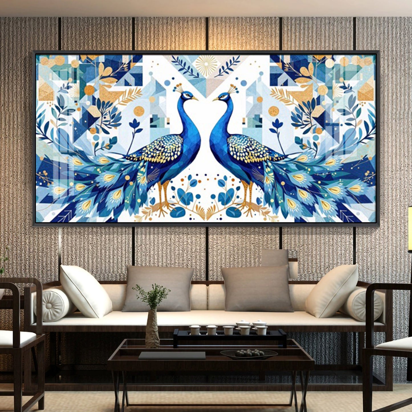 Two Peacock Looking Each Other Glass Finish Horizontal Wall Art