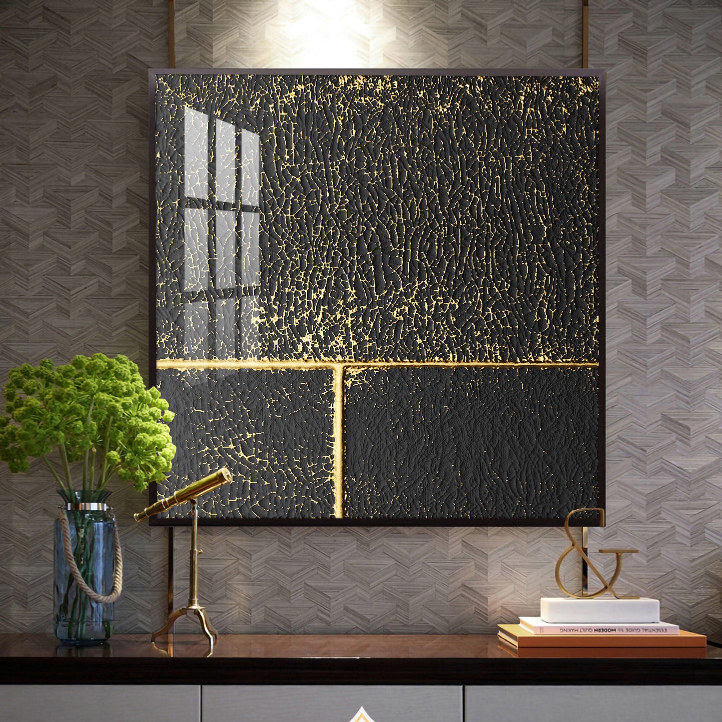 Black and Gold Reverie Glass Finish Square Wall Art